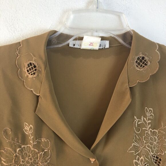 Changing Scene Vintage Blouse Sz 14 Brown Embroidered Scallop Eyelet Long Sleeve - Picture 3 of 12